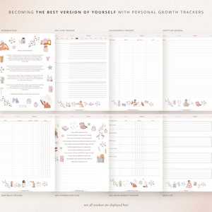 May include: A printable planner with a pink and white design featuring illustrations of women and stars. The planner includes sections for self-care, achievements, gratitude, new skills, self-affirmations, self-development, and ideas.
