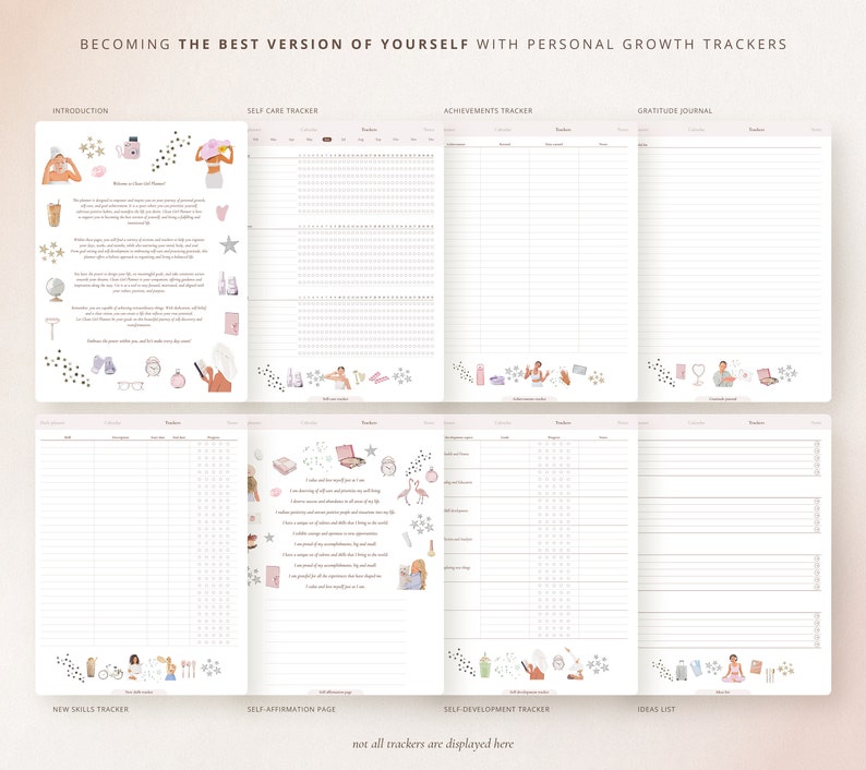 May include: A printable planner with a pink and white design featuring illustrations of women and stars. The planner includes sections for self-care, achievements, gratitude, new skills, self-affirmations, self-development, and ideas.