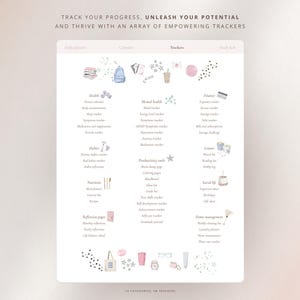 Pode incluir: Uma p&aacute;gina de planejador imprim&iacute;vel com uma lista de 10 categorias e 48 rastreadores. As categorias incluem sa&uacute;de, sa&uacute;de mental, finan&ccedil;as, h&aacute;bitos, nutri&ccedil;&atilde;o, ferramentas de produtividade, p&aacute;ginas de reflex&atilde;o, vida social, lazer e gest&atilde;o dom&eacute;stica. A p&aacute;gina &eacute; decorada com ilustra&ccedil;&otilde;es desenhadas &agrave; m&atilde;o de uma mochila, uma x&iacute;cara de caf&eacute;, uma estrela, um copo de &aacute;gua, &oacute;culos e um tubo de creme para as m&atilde;os.