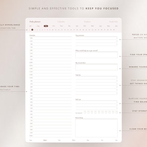 Pode incluir: Um planejador di&aacute;rio imprim&iacute;vel com um calend&aacute;rio, rastreadores e uma lista de tarefas. O planejador inclui se&ccedil;&otilde;es para programa&ccedil;&atilde;o, principais prioridades, tarefas, autocuidado e descarregamento do c&eacute;rebro. O planejador foi projetado para ajud&aacute;-lo a manter o foco e a organiza&ccedil;&atilde;o.