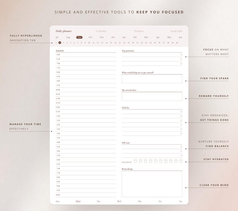 Pode incluir: Um planejador di&aacute;rio imprim&iacute;vel com um calend&aacute;rio, rastreadores e uma lista de tarefas. O planejador inclui se&ccedil;&otilde;es para programa&ccedil;&atilde;o, principais prioridades, tarefas, autocuidado e descarregamento do c&eacute;rebro. O planejador foi projetado para ajud&aacute;-lo a manter o foco e a organiza&ccedil;&atilde;o.
