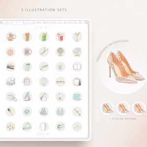 K&ouml;nnte beinhalten: Drei S&auml;tze digitaler Illustrationen mit verschiedenen Symbolen, darunter eine Kaffeetasse, eine Schere, ein Ventilator, ein Stuhl, ein Drucker, ein Taschenrechner, ein Bleistift, eine Uhr, ein Glas Wasser, eine Brille, ein Kalender, ein Pinsel, ein Telefon, Kopfh&ouml;rer, ein Laptop, eine Farbrolle, eine Schneeflocke, eine Lotionflasche, ein Lockenstab, Sterne, ein Hefter, eine Kaffeetasse, eine Geschenkbox und ein Kleiderb&uuml;gel. Die Illustrationen sind im Aquarellstil gehalten und auf einem hellbeigen Hintergrund angeordnet. Das Bild enth&auml;lt auch einen Satz von drei Illustrationen eines hochhackigen Schuhs mit Nieten in drei verschiedenen Farben: Rosa, Beige und Blau.