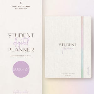 Peut inclure: Un agenda numérique pour étudiant avec une couverture texturée blanc cassé, portant le texte "STUDENT planner" et "ADHD-FRIENDLY EDITION 2026/2027". Il comprend une bande élastique verticale à dégradé pastel et un cercle violet avec "2026/27".