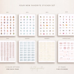K&ouml;nnte beinhalten: Ein Set mit 27 digitalen Sticker-Seiten mit 1182 Stickern. Die Sticker sind in vier Kategorien unterteilt: Tags, Zitate, Widgets und Papier & Farbe. Die Sticker zeigen eine Vielzahl von Designs, darunter Illustrationen von Personen, Objekten und abstrakten Formen. Die Sticker sind in drei Farboptionen erh&auml;ltlich.