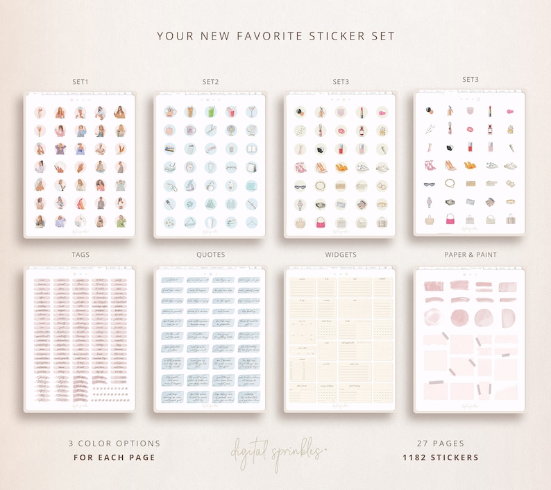 K&ouml;nnte beinhalten: Ein Set mit 27 digitalen Sticker-Seiten mit 1182 Stickern. Die Sticker sind in vier Kategorien unterteilt: Tags, Zitate, Widgets und Papier & Farbe. Die Sticker zeigen eine Vielzahl von Designs, darunter Illustrationen von Personen, Objekten und abstrakten Formen. Die Sticker sind in drei Farboptionen erh&auml;ltlich.