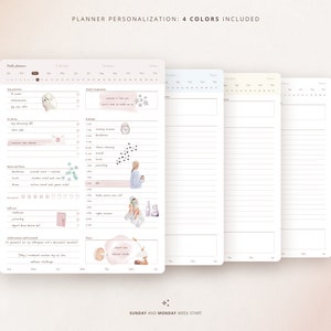 May include: A planner with four different color options. The planner has sections for daily planning, calendar, trackers, notes, and a to-do list. The planner has a Sunday and Monday week start.
