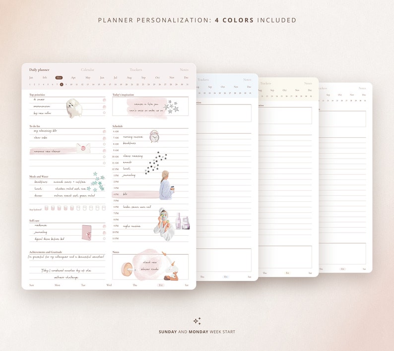 May include: A planner with four different color options. The planner has sections for daily planning, calendar, trackers, notes, and a to-do list. The planner has a Sunday and Monday week start.