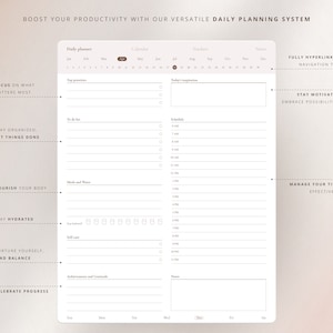 May include: A white daily planner with a brown border. The planner has sections for daily tasks, to-do lists, meals and water, self-care, achievements and gratitude, and notes. The planner also includes a calendar and a tracker. The text "BOOST YOUR PRODUCTIVITY WITH OUR VERSATILE DAILY PLANNING SYSTEM" is at the top of the page.