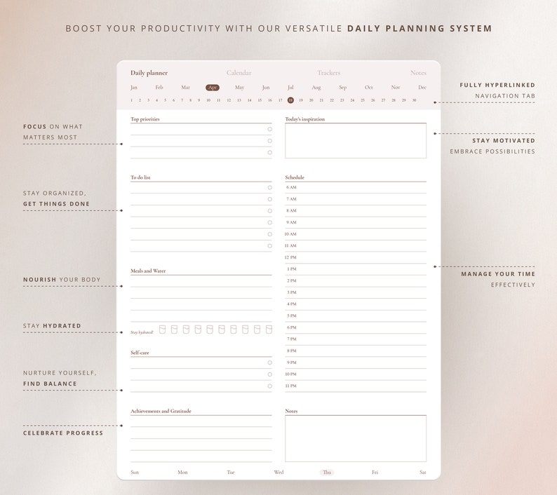 May include: A white daily planner with a brown border. The planner has sections for daily tasks, to-do lists, meals and water, self-care, achievements and gratitude, and notes. The planner also includes a calendar and a tracker. The text "BOOST YOUR PRODUCTIVITY WITH OUR VERSATILE DAILY PLANNING SYSTEM" is at the top of the page.