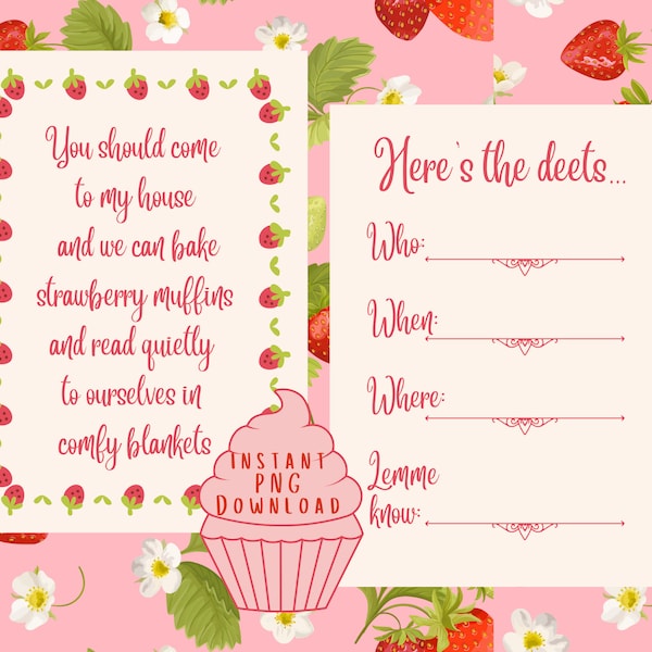 Cute Invitation Instant PNG Digital Download Strawberry Muffins Book Club Hangout Baking Fun Cozy Reading Friend Hangout Best Friends Chill