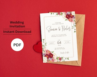 Dark Red Flower Wedding Invitation Template | Editable Minimalist Wedding Invite | Modern Wedding Invite | Printable Wedding Invitation PDF