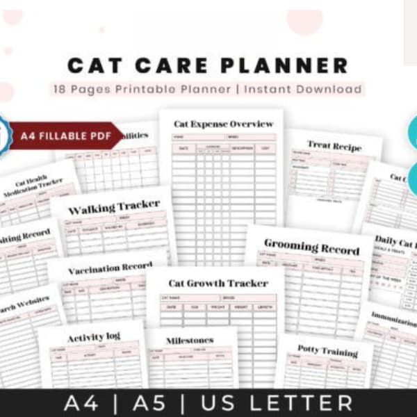 Cat Care Planner - Pet Care Printable, PDF, Cat Records, Cat lover, cat mom, cat dad, cat health record, cat vet record, cat tracker