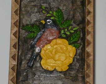 Hand Carved Robin Bird with Rose Carving Chip carving Wooden Wall Hanging House Decor One of a kind Country Rustic