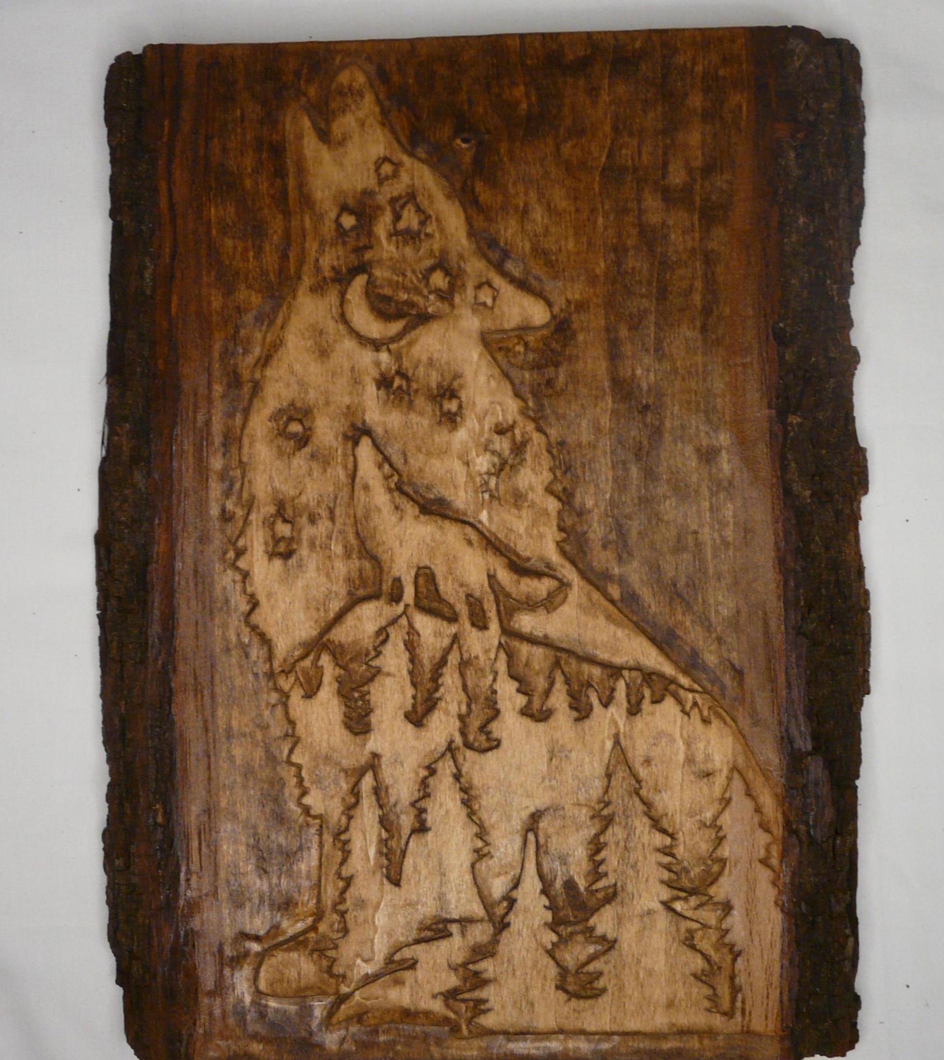 Hand carved Howling Wolf Silhouette with Smaller Wolf Howling at Moon Relief Carving Rustic Outdoors decor One of a Kind Wooden Wall Hanging