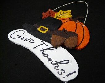 Handmade Thanksgiving Fall Autumn Harvest Decor Hand painted &quot;Give Thanks&quot; Pumpkin Pilgrim Hat Acorns Leaves  Wall hanging 7&quot;x7.25&quot;
