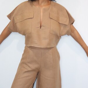 The Kim cargo crop top and wide-leg pant linen set in khaki brown, linen clothing, summer outfit image 1