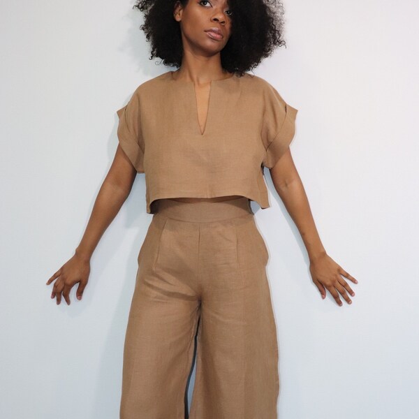 The Kim wide-leg pants in khaki brown, Cargo pants, linen clothing, linen pants