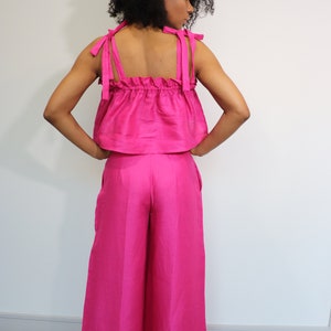 Roze pyjama set, wijde pijpen broek, linnen wrap top bijpassende set, losse linnen broek tweedelige set, jurk broek crop top hoog getailleerde broek afbeelding 3