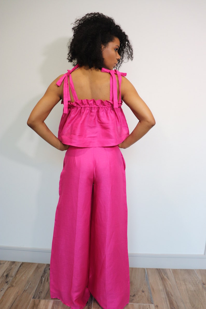 Roze pyjama set, wijde pijpen broek, linnen wrap top bijpassende set, losse linnen broek tweedelige set, jurk broek crop top hoog getailleerde broek afbeelding 3