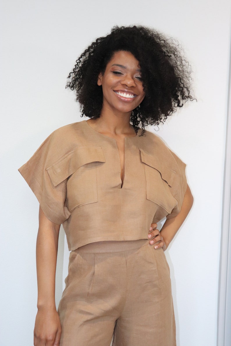 The Kim cargo crop top and wide-leg pant linen set in khaki brown, linen clothing, summer outfit image 3