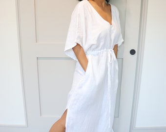 V neck ruched white linen dress