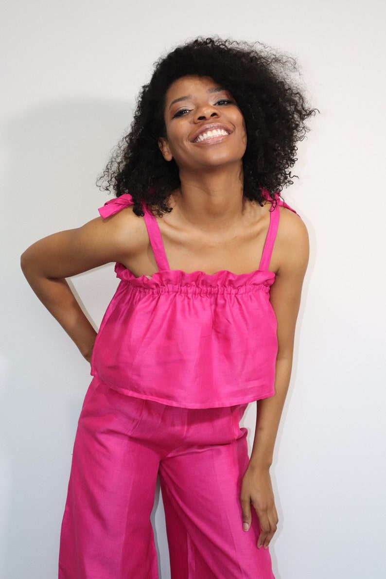 Roze pyjama set, wijde pijpen broek, linnen wrap top bijpassende set, losse linnen broek tweedelige set, jurk broek crop top hoog getailleerde broek afbeelding 4