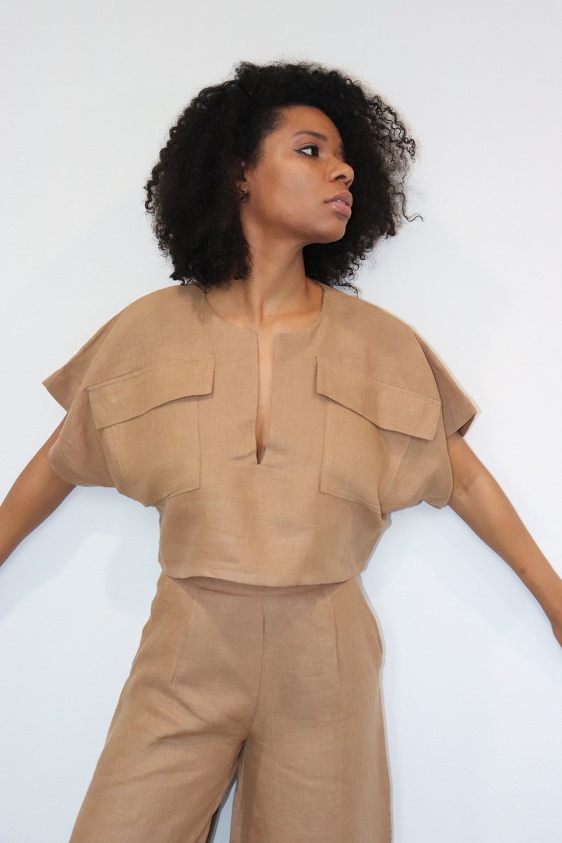 The Kim cargo crop top and wide-leg pant linen set in khaki brown, linen clothing, summer outfit image 1