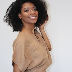 The Kim cargo crop top and wide-leg pant linen set in khaki brown, linen clothing, summer outfit image 5