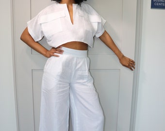 The Kim cargo top and wide leg pant set in white, linen clothing, summer dress
