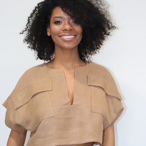The Kim cargo crop top and wide-leg pant linen set in khaki brown, linen clothing, summer outfit image 2