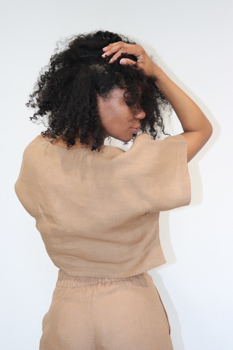 The Kim cargo crop top and wide-leg pant linen set in khaki brown, linen clothing, summer outfit image 4