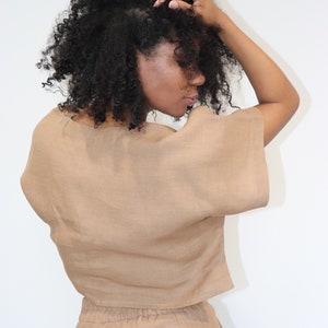 The Kim cargo crop top and wide-leg pant linen set in khaki brown, linen clothing, summer outfit image 7