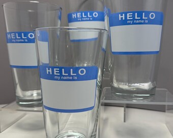 Juego de 4 vasos de pinta vintage "Hola, mi nombre es" - Artículos de bar retro