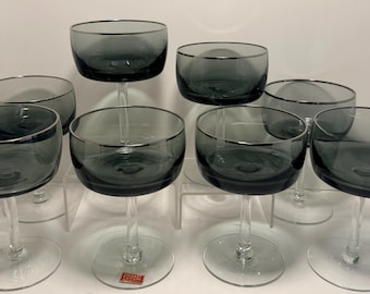 Set of 8 Smoked Glass Coupe Glasses: Silver Rim, Reizart Europa, West Germany Barware