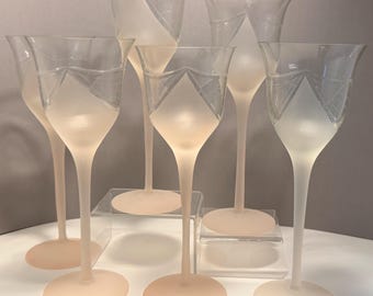 Set of 6 Frosted Pink Wine Glasses | Etched Art Deco Stemware, Retro Barware
