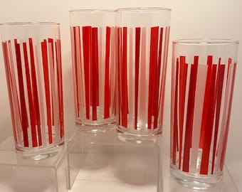 Mid Century Red Stripe Glasses Set of 4 Tall Tumblers Retro Barware Vintage