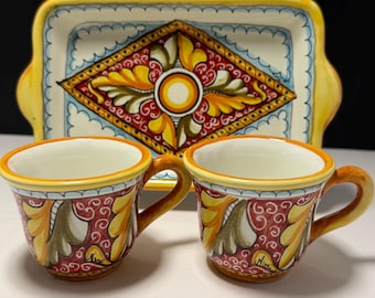 Juego de café espresso de cerámica siciliana pintado a mano con bandeja para dos tazas, estilo Caltagirone, Italia