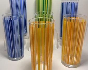 Mid Century Stripe Glasses Set of 6 Colorful Tumblers Blue Green Yellow MASDO Vintage