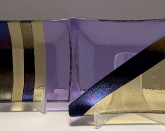 Juego de 2 platos de vidrio fundido: Rayas metálicas de oro púrpura, plato decorativo abstracto