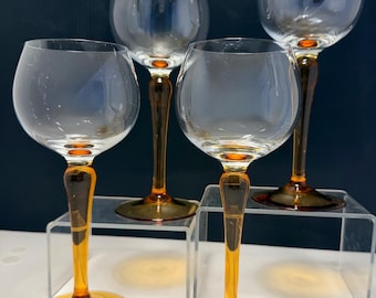 Copas de vino con tallo ámbar / Artículos de bar de mediados de siglo, juego de 4