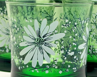 Juego de 6 vasos con margaritas verdes: vasos florales de mediados de siglo, artículos de bar retro.