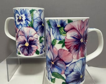 Juego de tazas Dunoon Pansies de porcelana fina inglesa, tazas de café y té con diseño floral de Helen Sadler.