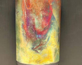 Jarrón cilíndrico de cerámica Raku firmada por Lukart, de cobre iridiscente, de taller de cerámica.