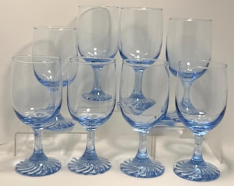 Vintage Set of 8 Blue Art Glass Wine Goblets Swirl Base Stemware Glasses