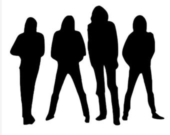 May include: Silhouette of four people standing in a row, facing forward. They are all wearing casual clothing and have their arms at their sides.