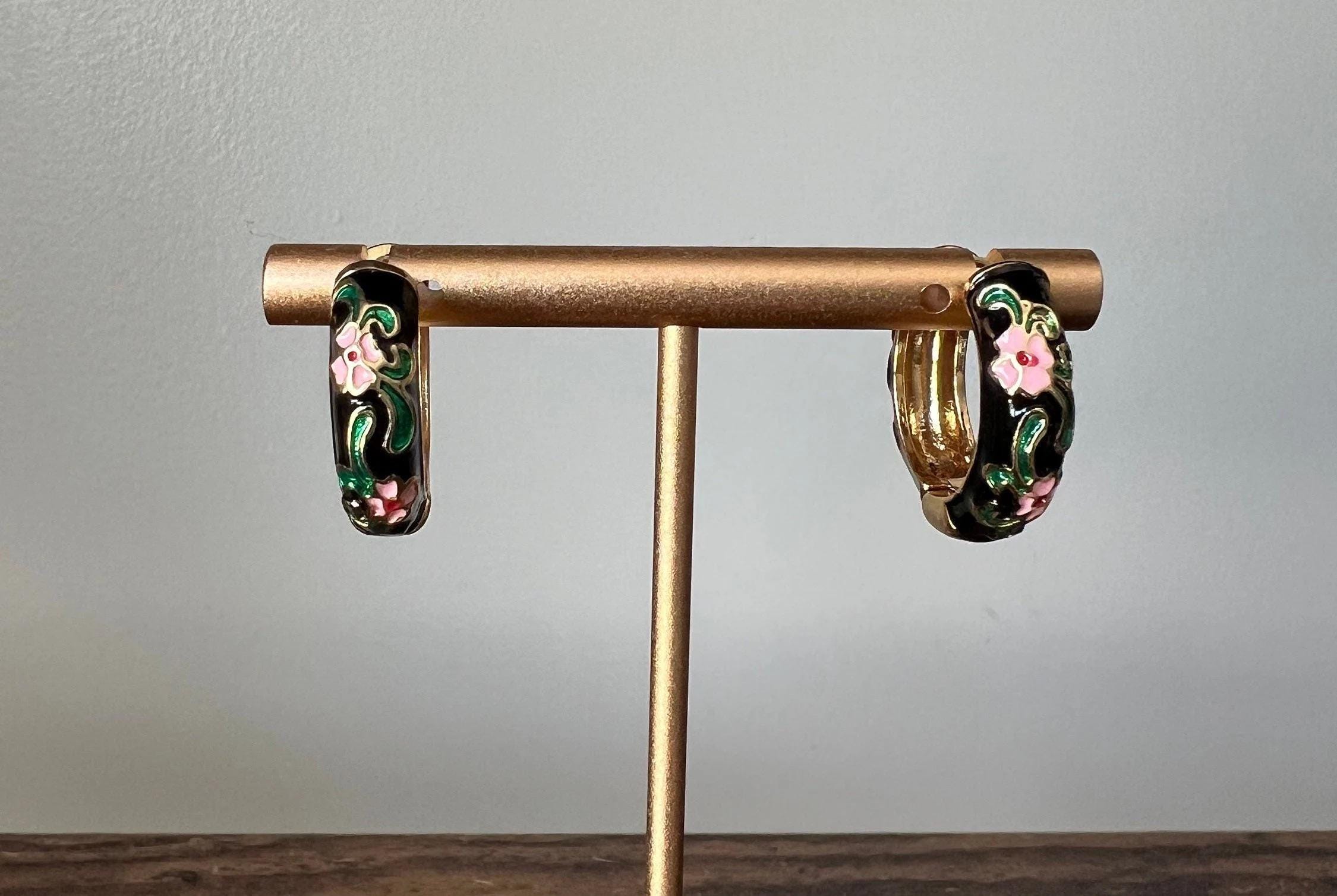 Gold Plated Flower Enamel Flower Huggie Hoop Earrings | Flower Earring | Vintage
