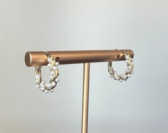 Gold Plated Twisted Pearl Hoop Earrings | Huggie Earring | Trendy