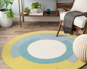New Abbes Mid Century Premium Round Light Grey/Dark Grey/Yellow Hand Tufted 100% Wool Area Carpet Rug for Home, Living Room, Bedroom, Indoor