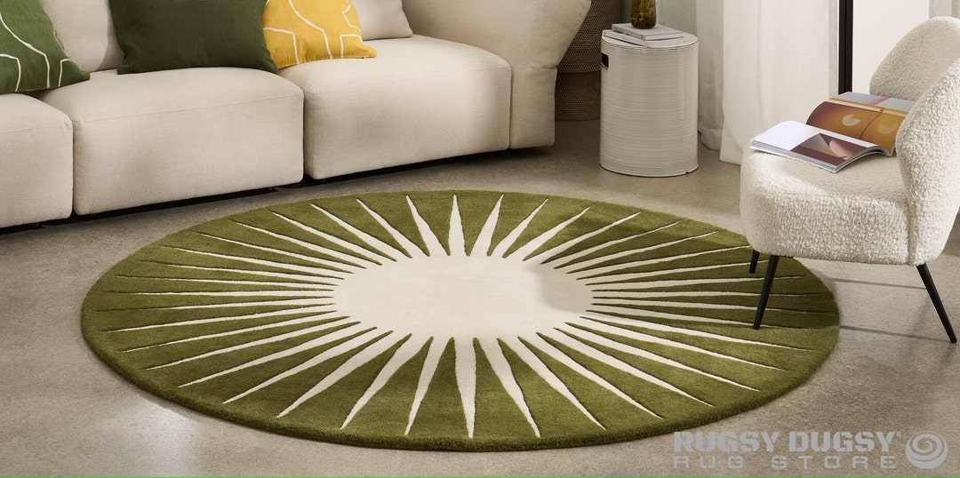 Vaserely Round Rug Moss Green 100 Wool Hand Tufted Natural Nontoxic