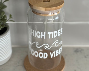 High Tides Good Vibes Glass Cup | Glass Cup with Lid and Straw | Glass Coffee Cup | Glass Beer Can